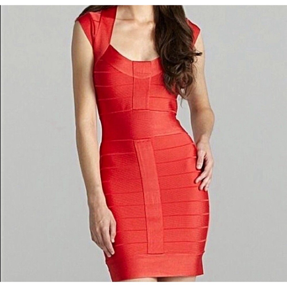 Y2K French Connection Red Bandage Sweetheart Cap Sleeve Bodycon Zip Dress Size 6